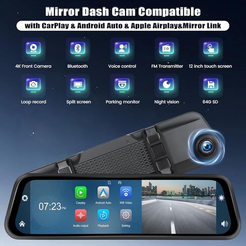 كاميرا قياس 12 بوصة 4K بمرآة رؤية أمامية مع Carplay&Android Auto، مرآة DVR ذكية عالية الدقة تعمل باللمس بالكامل مع Airplay، وصلة مرآة، FM، تسجيل حلقة، مستشعر G، فيديو WiFi، رؤية ليلية، شاشة وقوف السيارات + بطاقة 64 جيجابايت in Saudi Arabia