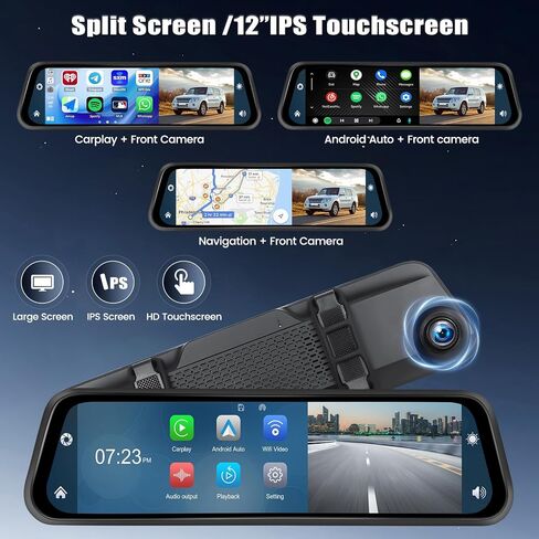 كاميرا قياس 12 بوصة 4K بمرآة رؤية أمامية مع Carplay&Android Auto، مرآة DVR ذكية عالية الدقة تعمل باللمس بالكامل مع Airplay، وصلة مرآة، FM، تسجيل حلقة، مستشعر G، فيديو WiFi، رؤية ليلية، شاشة وقوف السيارات + بطاقة 64 جيجابايت in Saudi Arabia