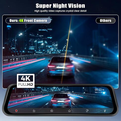 كاميرا قياس 12 بوصة 4K بمرآة رؤية أمامية مع Carplay&Android Auto، مرآة DVR ذكية عالية الدقة تعمل باللمس بالكامل مع Airplay، وصلة مرآة، FM، تسجيل حلقة، مستشعر G، فيديو WiFi، رؤية ليلية، شاشة وقوف السيارات + بطاقة 64 جيجابايت in Saudi Arabia