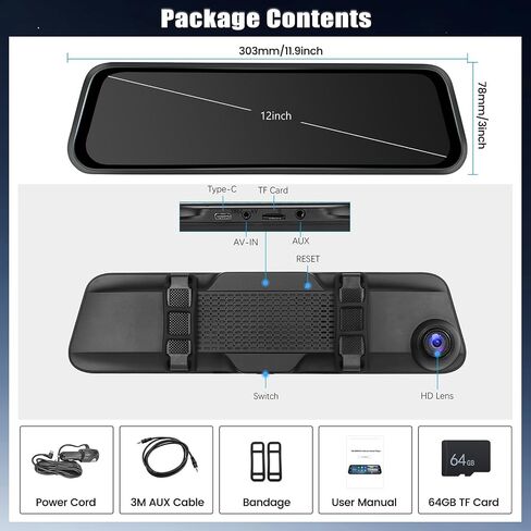 كاميرا قياس 12 بوصة 4K بمرآة رؤية أمامية مع Carplay&Android Auto، مرآة DVR ذكية عالية الدقة تعمل باللمس بالكامل مع Airplay، وصلة مرآة، FM، تسجيل حلقة، مستشعر G، فيديو WiFi، رؤية ليلية، شاشة وقوف السيارات + بطاقة 64 جيجابايت in Saudi Arabia