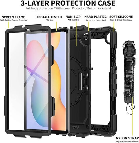 BLOSOMEET Case for Samsung Galaxy Tab S6 Lite 10.4" 2024/2022/2020 with Screen Protector S Pen Holder,Heavy Duty Case for S6 Lite Tablet P620/P625/P610/P613 with Stand Hand Shoulder Strap,Black in Kuwait