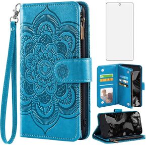 Asuwish Phone Case for Google Pixel 9 Pro XL Wallet Cover with Tempered Glass Screen Protector and Leather Flip Credit Card Holder Stand Flower Cell Accessories Pixel9 9Pro 9ProXL Nine Women Men Blue