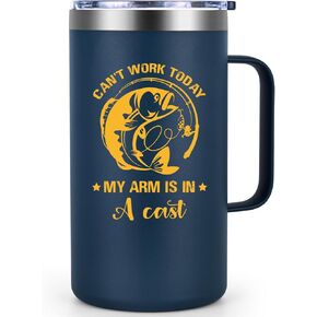Qtencas Fishing Gifts for Men Dad, I Can't Work Today My Arm is in A Cast Insulated Stainless Steel Coffee Mug for Dad Papa Grandpa Fishing Lover on Birthday Father's Day Christmas, 20oz, Black