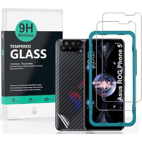 Ibywind Screen Protector For Rog phone 5/5 Pro/5 Ultimate,with 2Pcs Tempered Glass,1Pc Camera Lens Protector,1Pc Backing Carbon Fiber Film [Fingerprint Reader,Easy to install]