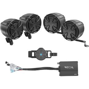 RECOIL R3BQ نظام مكبرات صوت بلوتوث للدراجات النارية، مكبرات صوت عالية للغاية 3 بوصات، مضخم صوت 360 واط من الفئة D مع بلوتوث مدمج، جهاز تحكم عن بعد لاسلكي مقاوم للماء، يستخدم مع ATV وعربة الجولف والمركبات 12 فولت