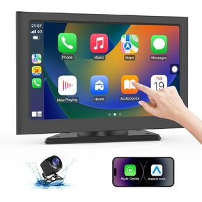 Portable Wireless Carplay Screen for Car, 7" HD Car Stereo Touch Screen with Android Auto& Carplay, Rear Camera, Voice Control, Mirror Link, Bluetooth, Navigation, AUX - Fits All Vehicles