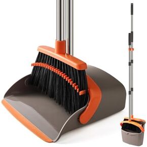 Upgrade Broom with Dustpan Combo Set for Heavy Duty with 55" Long Handle, Windproof Stand Up Broom and Dustpan Set with Dustpan Teeth to Clean Hair for Home Kitchen Office Lobby Floor Use