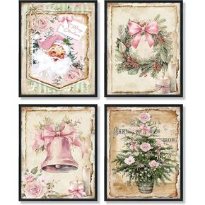 ULEGIE Vintage Christmas Hot Cocoa Gingerbread Bakery Candy Cane Wall Art Prints Set of 4, Gingerbread Wall Decor, Christmas Wall Decorations, Christmas Posters Wall Decor, 8x10 Inches Unframed