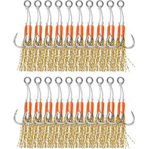 PATIKIL Double Fishing Assist Hooks Kit, 20 Pcs Glow Jigging Hook Slow Fast Fall Jigs Fishing Hooks for Vertical Jigging Lures, Gold Tone (14#, 2.4"x0.55")