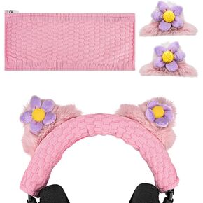 Geekria NOVA Knit Fabric Headband Cover+Cat Ears Attachment Compatible with Razer, SteelSeries, HyperX, Sennheiser, Astro, Sony, Logitech, ATH Headphones, Head Cushion Pad Protector (Purple/Pink)