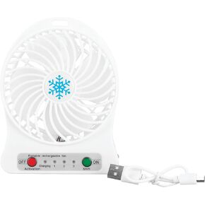 Performance Tool 1540 3-Speed Li-Ion Mini Desk/Travel Fan, Rechargeable, Side Flashlight, White