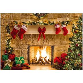 YYNXSY 7X5FT Christmas Fireplace Background Photography Background Christmas Tree Ball Ornaments Background Wooden Floor New Year Home Room Decoration Background Christmas Eve Holiday YY-3503