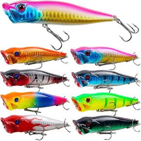 Topwater Popper Fishing Lure Bass Fishing Lures Hard Bait Lure with Treble Hook 3D Eyes Saltwater Popper Lures Surf Casting Lures Kit for Bass Trout Walleye Freshwater Saltwater Fishing