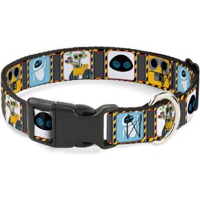 Buckle-Down Plastic Clip Collar - WALL-E & EVE Pose/Face Hazard Blocks Gray/Yellow/Black - 1" Wide - Fits 15-26" Neck - Large