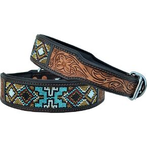 Leather Dog Collar Western Style Heavy Duty Hand Tooled Adjustable Beaded and Padded Soft for Puppies and Big Dogs 10AB018