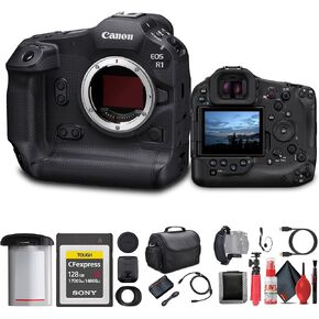 Canon EOS R1 Mirrorless Camera - 24MP, Full-Frame Stacked BSI CMOS Sensor (6577C002) + 128GB CFexpress Card + Bag + Flex Tripod + Cleaning Kit + Memory Wallet + Hand Strap + Cap Keeper (Renewed)
