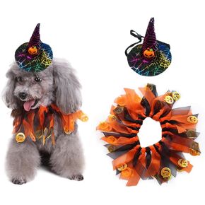 2PCS Cat Dog Halloween Costume Halloween Pet Collar and Witch Hat Adjustable Dog Cat Collars with Elastic Band Color Collar for Dog Cat Pet (B)