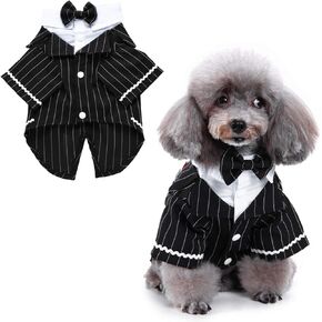 Dog Tuxedo, 1 Pack Black Dog Tuxedo Costume Striped Dog Wedding Bow Tie Suit for Small Dogs Cats Puppy, Chest Girth 18.90"