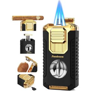 5-in-1 Cigar Lighter with V Cigar Cutter, Cigar Punch, Cigar Holder, Draw Enhancer Tool, and Triple Windproof Jet Flames, Cool Butane Torch Lighter with Gift Box, Cigar Accessories for Smoking, Men