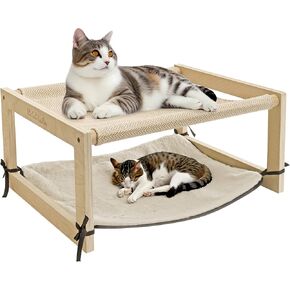 The Cat Ladies 2-in-1 Cat Hammock Bed - Elevated Wooden Pet Bunk Beds for Indoor Cats - Solid Wood Raised Hanging Bed for 1 or 2 Cats - Cat Furniture with Top Bed and Bottom Mat