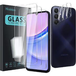 3 Pack Tempered Glass Screen Protector for Samsung Galaxy A15 5G / 4G + 3 Pack Camera Lens Protecto, Anti-Fingerprint, 9H Hardness, ScratchResistant, Easy to install, Case Friendly
