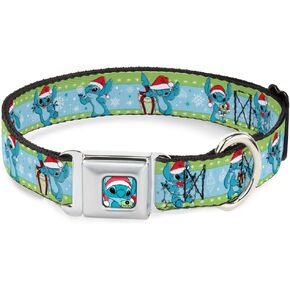 Disney Pet Collar, Dog Collar Metal Seatbelt Buckle, Lilo and Stitch Holiday Stitch and Scrump Poses Stripe, 15 to 24 Inches 1.0 Inch Wide