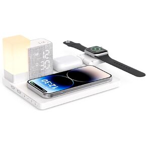 REACHER Magnetic Wireless Charging Station for Multiple Apple Devices, 3 in 1 Wireless Charger Fast Charging with Alarm Clock, Dimmable Night Light, Magsafe-Compatible for iPhone Watch and Airpods
