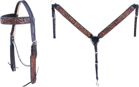CHALLENGER Horse Western Floral Tooled Laced Browband Tack Set Bridle Headstall Breast Collar 78HR01B in Saudi Arabia