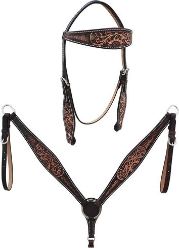 CHALLENGER Horse Western Floral Tooled Laced Browband Tack Set Bridle Headstall Breast Collar 78HR01B in Saudi Arabia
