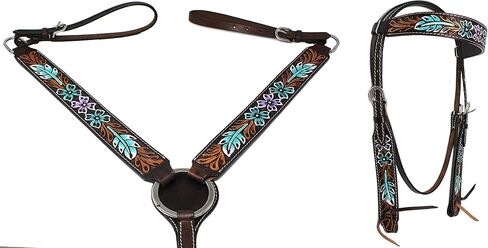 CHALLENGER Horse Western Floral Tooled Laced Browband Tack Set Bridle Headstall Breast Collar 78HR01B in Saudi Arabia
