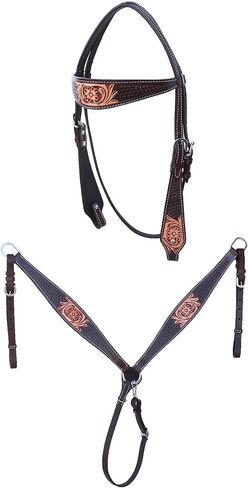 CHALLENGER Horse Western Floral Tooled Laced Browband Tack Set Bridle Headstall Breast Collar 78HR01B in Saudi Arabia
