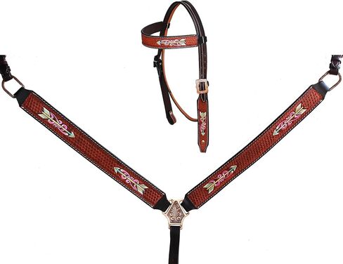 CHALLENGER Horse Western Floral Tooled Laced Browband Tack Set Bridle Headstall Breast Collar 78HR01B in Saudi Arabia