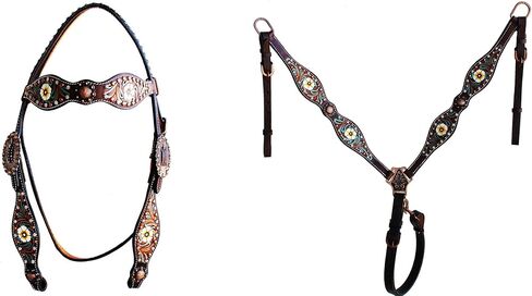 CHALLENGER Horse Western Floral Tooled Laced Browband Tack Set Bridle Headstall Breast Collar 78HR01B in Saudi Arabia