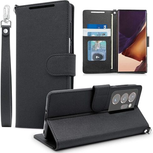 DOUBLE-N for Galaxy Note 20 Ultra Case, Premium PU Leather Note 20 Ultra 5G Wallet Case, Flip Folio Cover with Wrist Strap Card Holder Kickstand for Samsung Galaxy Note 20 Ultra (Black) in Saudi Arabia