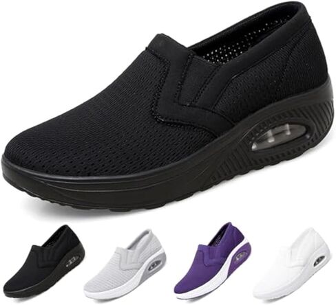 Women's Platform Orthopedic Air Cushion Walking Shoes Mesh Breathable Diabetic Nurse Work Sneakers Slip-ons Light Wedge Ladies Toning Rocker Shoe (grey,9,Women,9) in Saudi Arabia