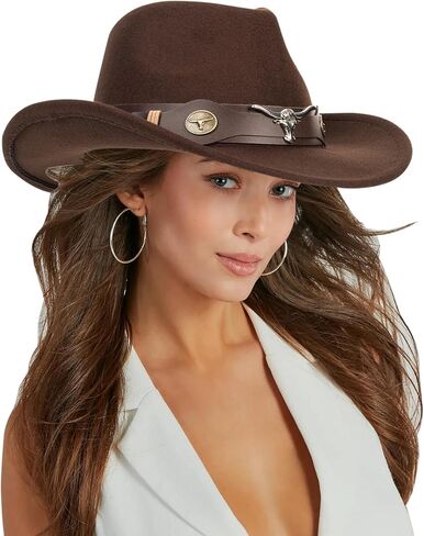 Classic-Western-Cowboy-Hat Wide-Brim Felt-Cowgirl-Fedora-Jazz-Hat for Women Men(Size:M) in Kuwait