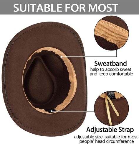 Classic-Western-Cowboy-Hat Wide-Brim Felt-Cowgirl-Fedora-Jazz-Hat for Women Men(Size:M) in Kuwait