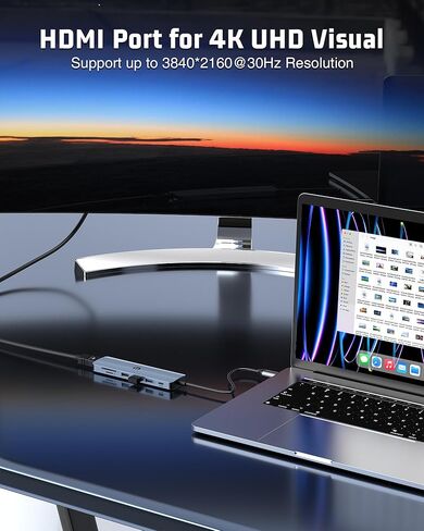 محور USB C، قاعدة توصيل USB 7 في 1، HDMI 4K، توصيل طاقة 100 وات، منافذ USB 3.0، منافذ USB 2.0 مزدوجة، قارئ بطاقة SD/TF، ​​متوافق مع iMac، Surface، XPS، Thinkpad، Galaxy، وغيرها in Saudi Arabia