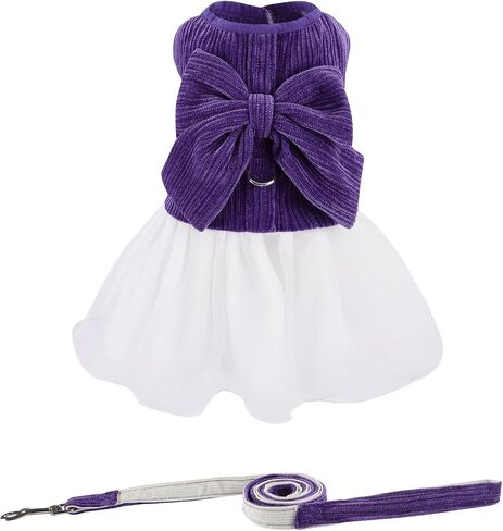 Dogs Cute Dresses Harness with Leash Skit for Small Medium Dog Pet Outfit Princess Bow Tie Corduroy Clothes for Birthday Bridal Holiday Halloween Party Costume (Purple, M) in Saudi Arabia
