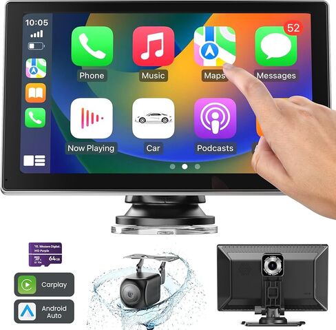 شاشة Carplay لاسلكية للسيارة، أجهزة استقبال صوت ستيريو محمولة للسيارة مقاس 9 بوصات، كاميرا داش 4K، كاميرا احتياطية 1080 بكسل، وصلة مرآة ملاحة GPS، بلوتوث، FM، Siri in Kuwait