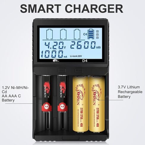 شاحن بطارية IMREN 18650، شاحن بطارية LCD ذكي 18650 21700، شاحن 2A سريع 18650 لبطاريات ليثيوم أيون 3.7 فولت 21700 20700 26650، بطارية 1.2 فولت NI-MH NI-CD، شاحن بطارية 2 Bay 18650 USB C in Kuwait
