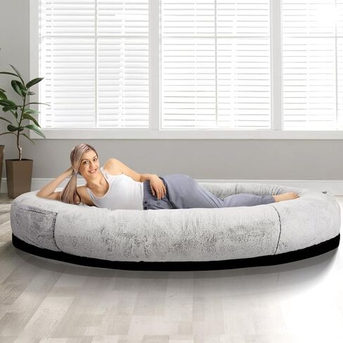 FURRYFECTION Human Dog Bed 71"x45"x14",Human-Sized Large Dog Bed Fits Adults and Pets,Washable Faux Fur Cover Giant Beanbag Bed,Napping Orthopedic Dog Beds for Humans with Blanket and Pillow,Gray in Kuwait