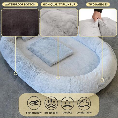FURRYFECTION Human Dog Bed 71"x45"x14",Human-Sized Large Dog Bed Fits Adults and Pets,Washable Faux Fur Cover Giant Beanbag Bed,Napping Orthopedic Dog Beds for Humans with Blanket and Pillow,Gray in Kuwait