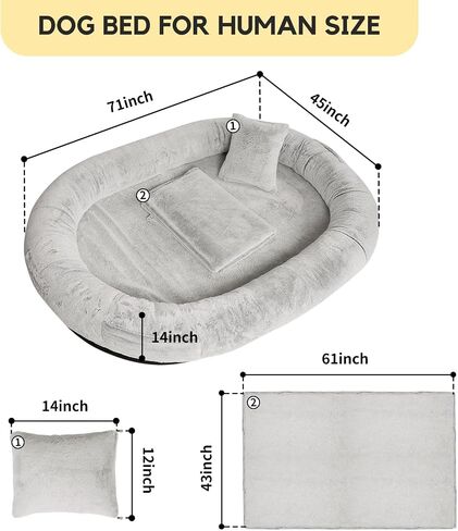 FURRYFECTION Human Dog Bed 71"x45"x14",Human-Sized Large Dog Bed Fits Adults and Pets,Washable Faux Fur Cover Giant Beanbag Bed,Napping Orthopedic Dog Beds for Humans with Blanket and Pillow,Gray in Kuwait