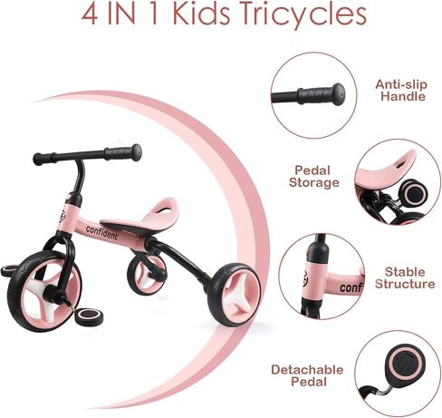 YGJT 4 in 1 Tricycle for Toddlers Age 2-5, Folding Kids Trike Tricycles Toddler Bike with Adjustable Seat and Removable Pedal, Baby Balance Bike Ride-on Toys Gift for Baby Boys Girls Birthday in Saudi Arabia