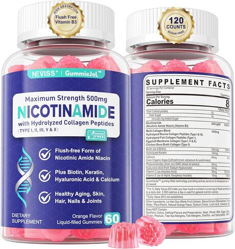 Nicotinamide 500mg Filled Gummies, (Flush Free Niacin) Vitamin B3 Niacinamide w/Collagen Peptides, Hyaluronic Acid, Keratin & Biotin for Healthy Aging, Improve NAD+ Level, 0g Sugar, 60Cts in Saudi Arabia