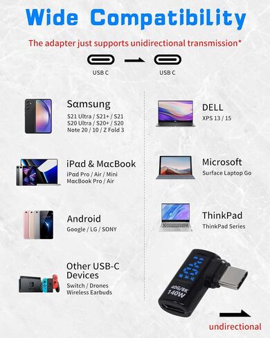 محول Poyiccot USB C مع شاشة LED، محول الزاوية اليمنى USB C 140 وات، 40 جيجابت في الثانية 90 درجة محول USB C يدعم الجهد الكهربي والتيار والطاقة LED موسع USB C لأجهزة iPhone وMacBook و2Pack in Kuwait