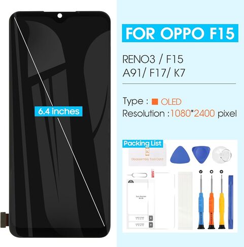 استبدال شاشة OLED لـ oppo Reno3/F15/A91/F17/K7/Find X2 Lite، شاشة LCD تعمل باللمس محول رقمي كامل مع مجموعات إصلاح (أسود، 6.36 بوصة) in Saudi Arabia