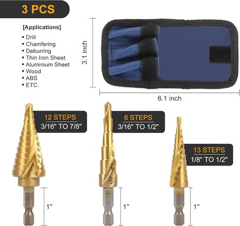 M35 Four Spiral Flute Cobalt Step Drill Bit, 3/16" - 7/8"(12 Step Size) Impact Ready Unibit Step Drill Bit, 1/4" Hex Shank Step Bit for Metal, Stainless Steel, Aluminum, Plastic in Saudi Arabia