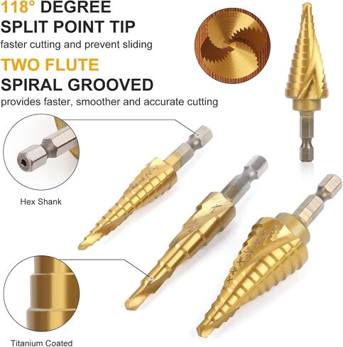 M35 Four Spiral Flute Cobalt Step Drill Bit, 3/16" - 7/8"(12 Step Size) Impact Ready Unibit Step Drill Bit, 1/4" Hex Shank Step Bit for Metal, Stainless Steel, Aluminum, Plastic in Saudi Arabia